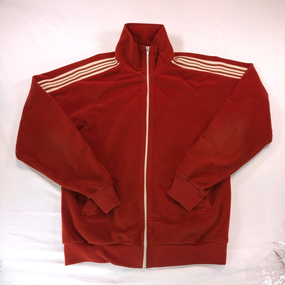 Vintage Red Velour Track Jacket Cream Stripe Raglan Zip Up Funnel Neck